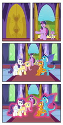 Size: 2000x3936 | Tagged: safe, artist:mlpconjoinment, fluttershy, princess ember, rarity, smolder, spike, twilight sparkle, alicorn, dragon, pony, comic:fusion feud, g4, argument, blast, commissioner:bigonionbean, high res, magic, magic blast, this will not end well, twilight sparkle (alicorn)