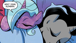 Size: 1120x638 | Tagged: safe, artist:brenda hickey, idw, official comic, king sombra, radiant hope, crystal pony, pony, unicorn, g4, my little pony: fiendship is magic, spoiler:comic, colt, cuddling, dialogue, duo, female, filly, foal, male, sleeping, younger