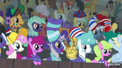 Size: 640x360 | Tagged: safe, screencap, berry punch, berryshine, buddy, caramel, cherry cola, cherry fizzy, daisy, dark moon, derpy hooves, dusty swift, final countdown, flower wishes, frying pan (g4), graphite, high roller, junebug, lightning riff, lily, lily valley, lyra heartstrings, octavia melody, opulence, orion, pokey pierce, rainbow stars, saturn (g4), shooting star (character), silver waves, sprout greenhoof, star bright, summit point, sunshower raindrops, team spirit, twinkleshine, wintergreen, earth pony, pegasus, pony, unicorn, common ground, g4, season 9, animated, face paint, female, food, hat, juice, juice box, las pegasus resident, male, mare, popcorn, stallion, straw, wave