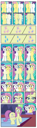 Size: 2000x6815 | Tagged: safe, artist:mlpconjoinment, fluttershy, rarity, oc, oc:charitable nature, alicorn, pegasus, pony, unicorn, comic:fusion feud, g4, butt, commissioner:bigonionbean, eyeshadow, female, flutterbutt, fusion, fusion:flarity, fusion:fluttershy, fusion:rarity, makeup, mare, plot, rearity, shocked, shocked expression, thought bubble, transformation