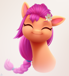 Size: 1804x1980 | Tagged: safe, artist:luminousdazzle, sunny starscout, earth pony, pony, g5, my little pony: a new generation, braid, braided ponytail, bust, cute, eyes closed, female, flower, flower in hair, happy, mare, portrait, semi-realistic, simple background, smiling, solo, sunnybetes, weapons-grade cute