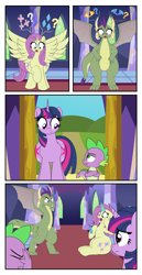 Size: 2000x3863 | Tagged: safe, artist:mlpconjoinment, fluttershy, princess ember, rarity, smolder, spike, twilight sparkle, oc, oc:charitable nature, alicorn, dragon, pony, comic:fusion feud, g4, body type, commissioner:bigonionbean, confused, didn't think this through, dragoness, facepalm, female, fusion, high res, horrified, mirror, question mark, smember (fusion), spike is not amused, thick, unamused