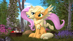 Size: 3840x2160 | Tagged: safe, artist:owlpirate, applejack, fluttershy, earth pony, pegasus, pony, g4, 3d, 4k, basket, cute, female, forest, hat off, high res, hug, jackabetes, lesbian, looking at each other, looking at someone, mare, picnic basket, ship:appleshy, shipping, shyabetes, sitting, smiling, smiling at each other, source filmmaker