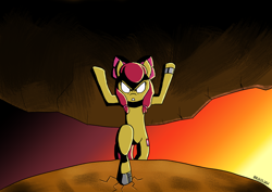 Size: 2400x1700 | Tagged: safe, artist:begoliah, apple bloom, earth pony, pony, g4, bipedal, boulder, female, filly, foal, lifting, solo, strong, white eyes
