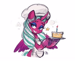 Size: 3454x2812 | Tagged: safe, artist:fanzeem, opaline arcana, alicorn, pony, g5, my little pony: make your mark, spoiler:g5, spoiler:my little pony: make your mark, apron, cake, candle, chef's hat, clothes, colored sketch, eyebrows, eyeshadow, female, food, grin, hat, high res, lidded eyes, makeup, mare, simple background, smiling, solo, white background