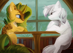 Size: 4256x3104 | Tagged: safe, artist:beardie, oc, oc only, oc:eldorada, oc:yiazmat, kirin, pony, unicorn, couple, cute, date, duo, female, horn, husband and wife, kirin oc, looking at each other, looking at someone, male, married couple, plant, shipping, table, unicorn oc, window, yiarada