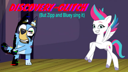 Size: 480x270 | Tagged: safe, editor:wonderwolf51, zipp storm, dog, pegasus, pony, semi-anthro, g5, my little pony: tell your tale, australian cattle dog, bluey, bluey heeler, corrupted, discovery glitch, disney, duo, error, friday night funkin', glitch, pibby, song cover, song reference