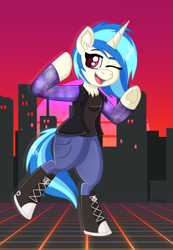 Size: 1097x1583 | Tagged: safe, artist:dyonys, derpibooru exclusive, dj pon-3, vinyl scratch, pony, unicorn, semi-anthro, g4, arm hooves, chest fluff, clothes, converse, cutie mark eyes, dancing, denim, female, hoof boots, jacket, jeans, missing accessory, one eye closed, open mouth, open smile, pants, shoes, smiling, solo, synthwave, vest, wingding eyes, wink