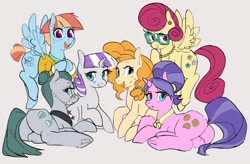Size: 2048x1342 | Tagged: safe, artist:rirurirue, cloudy quartz, cookie crumbles, pear butter, posey shy, twilight velvet, windy whistles, earth pony, pegasus, pony, unicorn, bags under eyes, butt, chubby, cookie butt, cute, female, flying, freckles, glasses, gray background, hair bun, looking at you, looking back, looking back at you, lying down, mare, mom six, neckerchief, open mouth, open smile, plot, plump, quartzbutt, simple background, sitting, smiling, windybetes