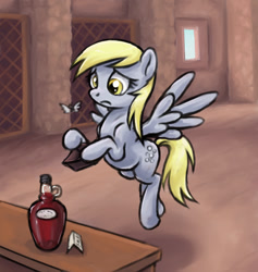 Size: 500x528 | Tagged: safe, artist:choedan-kal, derpy hooves, insect, moth, pony, g4, alcohol, bottle, sad, solo, wallet, wine