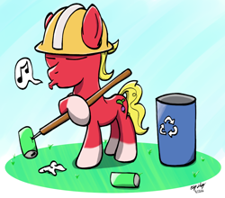 Size: 1000x880 | Tagged: safe, artist:ebbysharp, sprout cloverleaf, earth pony, pony, g5, can, clothes, eyes closed, hard hat, hat, male, music notes, recycle bin, solo, stallion, whistling