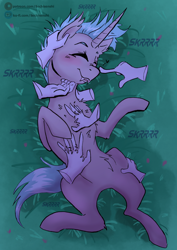 Size: 1558x2200 | Tagged: safe, artist:liechisenshi, oc, oc only, oc:lunar signal, bat pony, bat pony unicorn, hybrid, pony, unicorn, belly, belly fluff, bellyrubs, blushing, boop, chest fluff, disembodied hand, ghost hands, hand, horn, petting, purring, slender, solo focus, thin