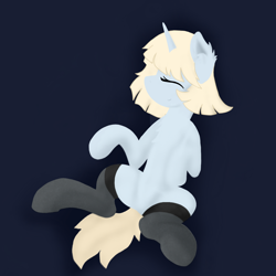 Size: 1080x1080 | Tagged: safe, artist:kotwitz, artist:vinyvitz, derpibooru exclusive, oc, oc only, oc:aria taitava, pony, unicorn, abstract background, blonde, chest fluff, clothes, ear fluff, eyes closed, lingerie, lying down, on back, raised hoof, smiling, socks, solo, stockings, thigh highs, underhoof