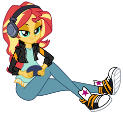 Size: 6002x5487 | Tagged: safe, artist:emeraldblast63, sunset shimmer, human, equestria girls, g4, game stream, my little pony equestria girls: better together, absurd resolution, controller, converse, female, game stream outfit, gamer sunset, headphones, looking at you, shoes, simple background, smiling, smiling at you, solo, transparent background