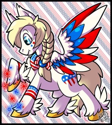 Size: 1833x2048 | Tagged: safe, oc, oc:star spangle, pegasus, pony, armband, bow, braid, colored hooves, feathered fetlocks, fireworks, gold hooves, hooves, nation ponies, ponified, united states, wings