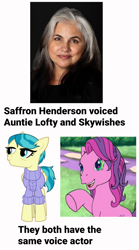 Size: 1150x2075 | Tagged: safe, auntie lofty, skywishes, earth pony, human, pegasus, pony, g3, g4, clothes, exploitable meme, female, irl, irl human, mare, meme, photo, saffron henderson, same voice actor, simple background, smiling, sweater, text, voice actor, white background, wings