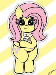 Size: 2304x3072 | Tagged: safe, artist:msbluejune, angel bunny, fluttershy, pegasus, pony, rabbit, g4, animal, bipedal, chibi, chubby, colored, cute, duo, female, high res, hug, mare, signature, thighs