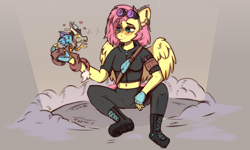 Size: 2400x1440 | Tagged: safe, artist:freak-side, discord, fluttershy, draconequus, pegasus, anthro, plantigrade anthro, g4, alternate hairstyle, alternate universe, boots, clothes, costume, dangerous mission outfit, duo, fingerless gloves, gloves, goggles, goggles on head, heart, hoodie, implied discoshy, implied shipping, implied straight, jacket, looking at each other, looking at someone, midriff, shoes, short mane, sitting