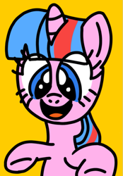 Size: 459x659 | Tagged: safe, artist:danielthebrony57, edit, buttons (g1), pony, unicorn, g1, g4, cropped, cute, female, g1 buttonbetes, g1 to g4, generation leap, horn, mare, simple background, smiling, solo, yellow background