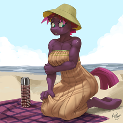 Size: 900x900 | Tagged: safe, artist:kevinsano, tempest shadow, unicorn, anthro, unguligrade anthro, g4, my little pony: the movie, angry, arm under breasts, bare shoulders, beach, beach blanket, beach towel, beautiful, beautisexy, biceps, big breasts, body scar, breasts, broken horn, busty tempest shadow, cleavage, clothes, dress, embarrassed, explicit source, eye scar, female, fit, flask, hat, hooves, horn, kneeling, looking away, mare, multiple variants, muscles, muscular female, outdoors, pecs, picnic blanket, pretty pretty tempest, scar, sexy, short hair, short tail, shoulderless, skirt, skirt pull, slender, solo, stupid sexy tempest shadow, sun hat, sundress, tempest shadow is not amused, temple shadow, thermos, thin, tomboy, unamused, uncomfortable
