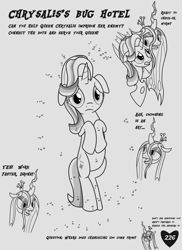 Size: 1600x2200 | Tagged: safe, artist:mightyshockwave, queen chrysalis, starlight glimmer, changeling, pony, unicorn, g4, activity book, arm around neck, floppy ears, grayscale, looking at you, monochrome, shitposting