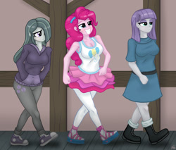 Size: 1280x1090 | Tagged: safe, artist:lennondash, marble pie, maud pie, pinkie pie, human, equestria girls, g4, big smile, boots, breasts, cleavage, clothes, converse, cutie mark on clothes, dr. livesey walk, dress, equestria girls-ified, eyeshadow, grin, hair over one eye, hand in pocket, hoodie, makeup, meme, ponified meme, pullover, shoes, skirt, smiling, sneakers, stockings, tank top, teenager, thigh highs, treasure island, walking