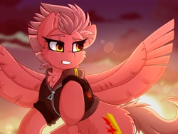 Size: 4000x3000 | Tagged: safe, artist:chromatic-sheen, oc, oc only, oc:fast fire, pegasus, pony, bomber jacket, clothes, cloud, cloudy, female, flying, jacket, mare, open mouth, outdoors, pegasus oc, sky, solo, spread wings, sunset, wings