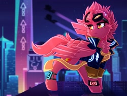 Size: 4000x3000 | Tagged: safe, artist:chromatic-sheen, oc, oc only, oc:fast fire, pegasus, pony, chest fluff, city, cityscape, clothes, cyberpunk, female, folded wings, goggles, goggles on head, jacket, mare, pegasus oc, scarf, solo, wings