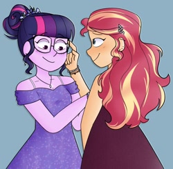Size: 1024x1003 | Tagged: safe, artist:sunsetslight, sci-twi, sunset shimmer, twilight sparkle, human, fanfic:celluloid, equestria girls, g4, clothes, dress, duo, fanfic, fanfic art, female, lesbian, prom, ship:sci-twishimmer, ship:sunsetsparkle, shipping, simple background