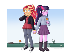 Size: 1280x959 | Tagged: safe, artist:sunsetslight, sci-twi, sunset shimmer, twilight sparkle, human, equestria girls, g4, alternate clothes, alternate hairstyle, blushing, converse, duo, female, flower, flower in hair, hair ornament, holding hands, lesbian, ship:sci-twishimmer, ship:sunsetsparkle, shipping, shoes, sunflower