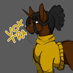 Size: 1000x1000 | Tagged: safe, artist:voxtra, oc, pony, unicorn, brown, clothes, dreadlocks, glasses, locs, missing cutie mark, no cutie marks yet, no gender, persona, smiling, solo, sweater, yellow clothing