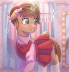 Size: 1246x1280 | Tagged: safe, artist:furryushka, oc, oc only, oc:heroic armour, pony, unicorn, blushing, clothes, colt, commission, crossdressing, dress, floppy ears, foal, looking back, magic, male, ponytail, ribbon, smiling, socks, solo, sweater, teenager