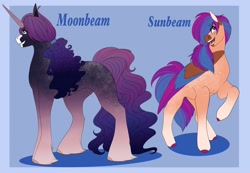 Size: 2048x1419 | Tagged: safe, artist:inisealga, oc, oc only, oc:moonbeam, oc:sunbeam, earth pony, pony, unicorn, coat markings, duo, earth pony oc, female, horn, magical lesbian spawn, male, mare, multicolored hair, multicolored mane, offspring, parent:izzy moonbow, parent:sunny starscout, parents:moonscout, siblings, socks (coat markings), stallion, unicorn oc