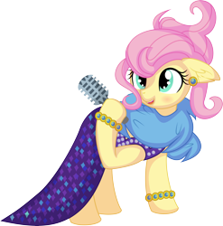 Size: 6659x6752 | Tagged: safe, artist:cyanlightning, fluttershy, pegasus, pony, g4, viva las pegasus, .svg available, absurd resolution, bracelet, clothes, cute, ear fluff, ear piercing, female, holding, impossibly rich, jewelry, mare, microphone, piercing, shyabetes, simple background, solo, transparent background, vector