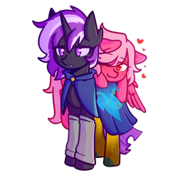 Size: 2500x2500 | Tagged: safe, artist:fuzzystarart, oc, oc only, oc:hearts slots, oc:psithyra, changeling, pegasus, pony, changeling oc, clothes, commission, cute, duo, high res, holeless, lying down, lying on top of someone, one sided shipping, pegasus oc, pink eyes, pink hair, pink mane, purple eyes, purple hair, purple mane, shipping, simple background, transparent background, wholesome