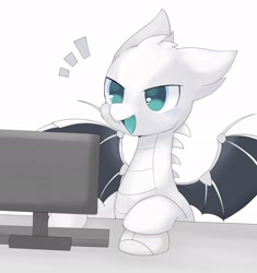 Size: 1682x1789 | Tagged: safe, artist:ginmaruxx, oc, oc only, oc:llvm, dracony, dragon, hybrid, pony, computer, computer mouse, floppy ears, keyboard, llvm, monitor, open mouth, ponified, programming, simple background, solo, spread wings, white background, wings