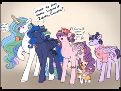 Size: 512x384 | Tagged: safe, artist:binibean, princess cadance, princess celestia, princess flurry heart, princess luna, twilight sparkle, alicorn, pikachu, pony, g4, alicorn pentarchy, alternate hairstyle, animal crossing, animal crossing: new horizons, aunt and niece, baby, baby pony, clothes, coffee mug, dialogue, female, filly, foal, glowing, glowing horn, horn, isabelle, jewelry, levitation, magic, mare, mother and child, mother and daughter, mug, music notes, necklace, nintendo, pikachu costume, pokémon, royal sisters, shirt, siblings, singing, sisters, telekinesis, the legend of zelda, triforce, twilight sparkle (alicorn)