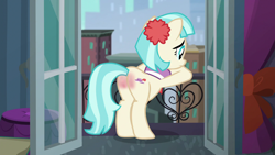 Size: 1280x720 | Tagged: safe, edit, edited screencap, screencap, coco pommel, earth pony, pony, g4, made in manehattan, balcony, butt, city, female, flank, manehattan, mare, plot, reddened butt, solo, spank mark, spanked