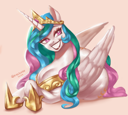 Size: 2754x2480 | Tagged: safe, artist:nire, princess celestia, alicorn, pony, g4, bust, crossed hooves, crown, eyeshadow, female, freckles, grin, high res, hoof shoes, horn, jewelry, large butt, lipstick, looking away, lying down, makeup, mare, mole, prone, regalia, simple background, smiling, solo, wings