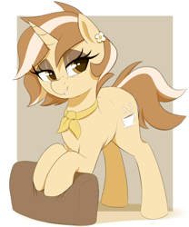 Size: 900x1080 | Tagged: safe, artist:thebatfang, oc, oc only, oc:latte luxury, pony, unicorn, bandana, colored sketch, earring, eyeshadow, female, freckles, horn, jewelry, lidded eyes, makeup, smiling, smirk, solo, unicorn oc