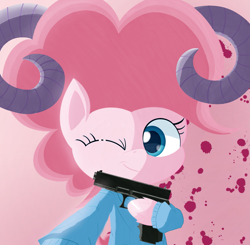 Size: 2117x2071 | Tagged: safe, artist:pitybug, pinkie pie, earth pony, pony, g4, g4.5, my little pony: pony life, clothes, gun, handgun, high res, horns, jacket, one eye closed, pistol, ram horns, solo, wink