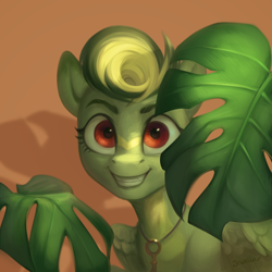 Size: 1050x1050 | Tagged: safe, artist:jewellier, oc, oc only, oc:forrest wind, pegasus, pony, eyebrows, facial markings, house plant, looking at you, monstera, plant, red eyes, simple background, smiling, solo