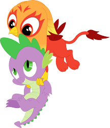 Size: 3076x3553 | Tagged: safe, artist:porygon2z, spike, oc, oc:heatwave, dragon, griffon, g4, chickub, duo, duo male, flying, high res, holding a dragon, male, simple background, transparent background, vector