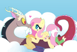 Size: 2452x1688 | Tagged: safe, artist:acidicstoat, discord, fluttershy, draconequus, pegasus, pony, g4, blue outline, cloud, commission, cutie mark eyes, female, heart, holding hands, male, ship:discoshy, shipping, straight, wingding eyes