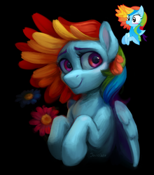 Size: 2098x2382 | Tagged: safe, ai assisted, ai content, ai reference, artist:jewellier, generator:rudall-e kandinsky, rainbow dash, pegasus, pony, g4, ai interpretation, black background, colored eyebrows, flower, half body, high res, interpretation, looking at you, neuredraw, redraw, simple background, solo