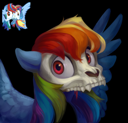 Size: 2253x2165 | Tagged: safe, ai assisted, ai content, ai reference, artist:jewellier, generator:rudall-e kandinsky, rainbow dash, pegasus, pony, g4, ai interpretation, black background, fangs, high res, interpretation, looking at you, neuredraw, redraw, simple background, skull, skull pony, solo