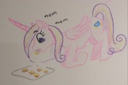 Size: 2048x1360 | Tagged: safe, artist:pony quarantine, princess cadance, alicorn, pony, g4, ask pony crayontine, bagel bites, crayon drawing, eating, female, food, mare, nom, pizza, slender, solo, that pony sure does love pizza, thin, traditional art