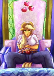 Size: 1244x1750 | Tagged: safe, artist:jamescorck, applejack, earth pony, anthro, g4, breasts, busty applejack, clothes, crossed arms, female, hat, pants, shirt, sitting, solo, throne, twilight's castle