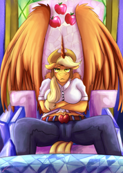 Size: 1244x1750 | Tagged: safe, alternate version, artist:jamescorck, applejack, alicorn, anthro, g4, alicornified, applecorn, breasts, busty applejack, clothes, crossed arms, female, hat, pants, race swap, shirt, sitting, solo, throne, twilight's castle