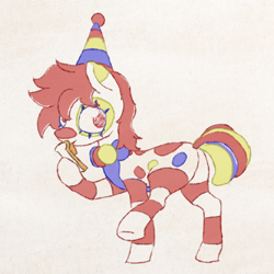 Size: 500x500 | Tagged: safe, oc, oc only, earth pony, pony, bread, butt, clown, food, hat, licking, party hat, plot, simple background, solo, tongue out, wonder bread